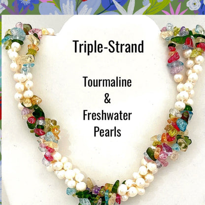Colorful Tourmaline Gemstones and Freshwater Pearls Triple-Strand Statement Necklace 19"