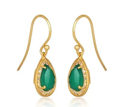 Elegant Pear-Shaped Green Onyx & White Topaz Gemstone Earrings 1.5"