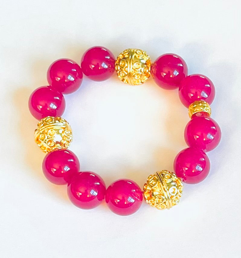 Rose Ruby Quartz Gemstones and Ornate Gold Bali Beaded Bracelet