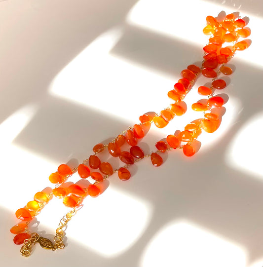 Orange Carnelian Briolette Gemstone Gold Chain Necklace 24"