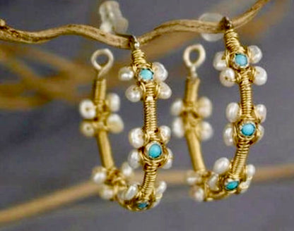 Gold-Filled Flower Turquoise & Freshwater Pearl Hoop Statement Earrings