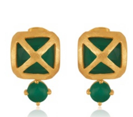 Criss Cross Green Onyx Gemstone Gold Stud Earrings 1”