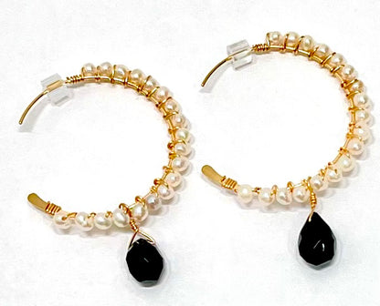 Freshwater Pearl Gold-Filled Hoop Earrings with Black Onyx Drop
