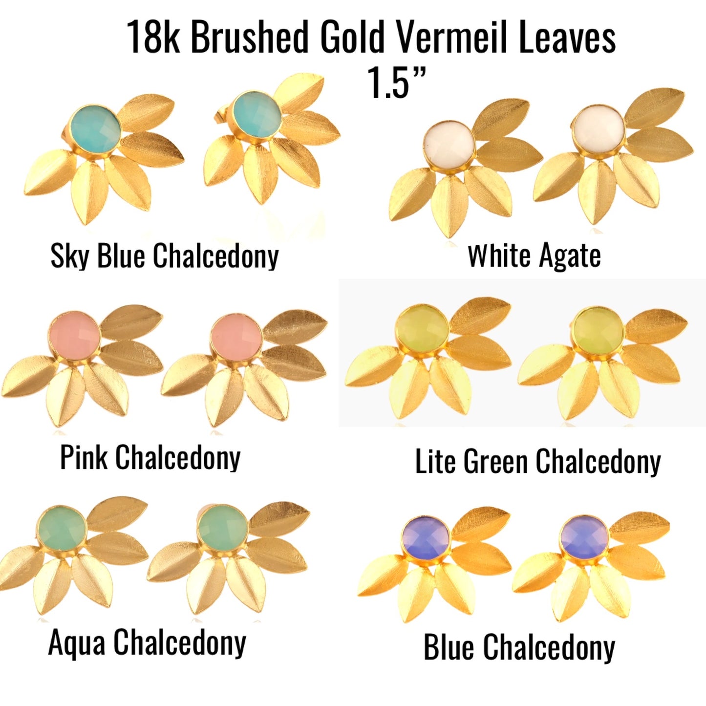 Leaf Design 18k Brushed Gold Vermeil Chalcedony Gemstone Studs