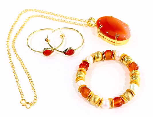Orange Carnelian Pendant Necklace, Bracelet and Hoops Set
