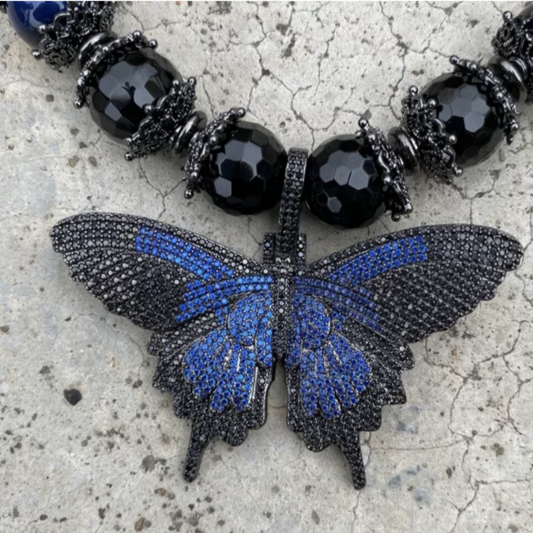 Stunning Blue Hawks Eye Gemstone Pave Butterfly Pendant Necklace 20