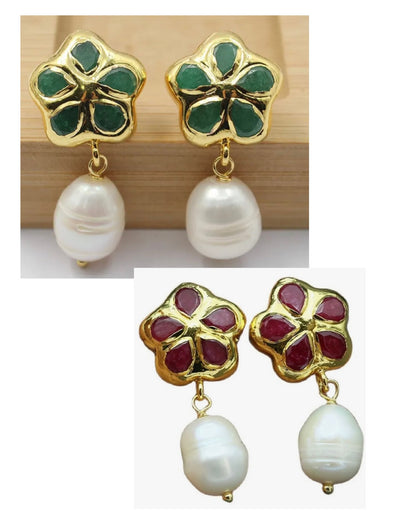Jade Gemstones & Freshwater Pearl Stud Earrings 1.5”