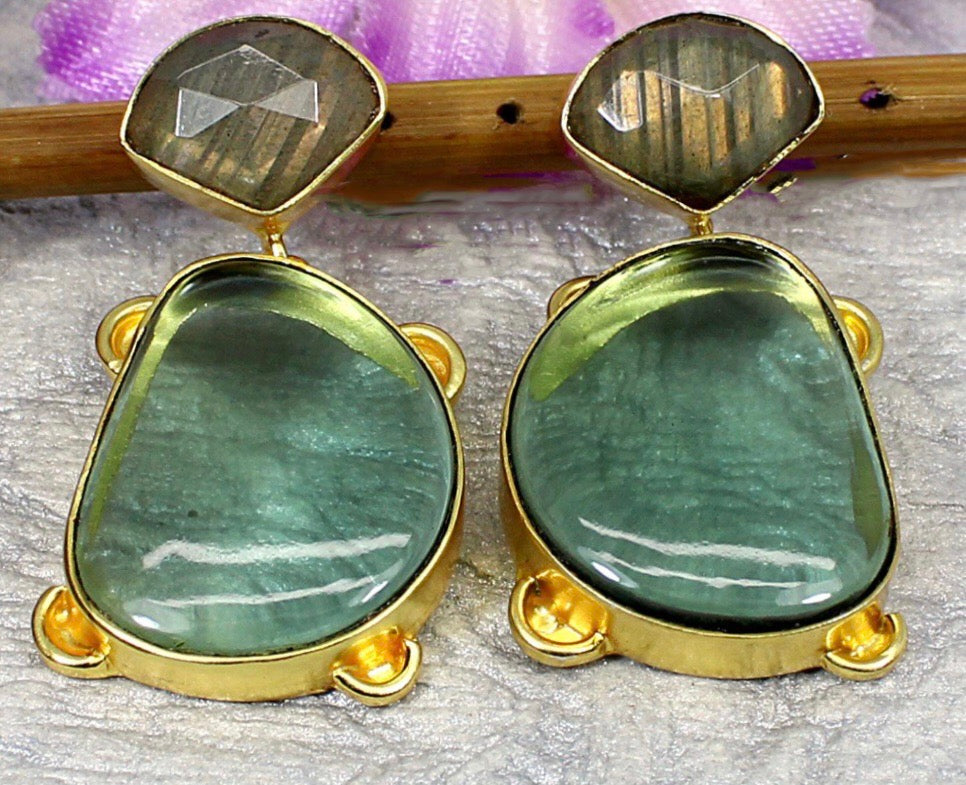 Green Amethyst and Labradorite Gemstone Statement Earrings 2.0”