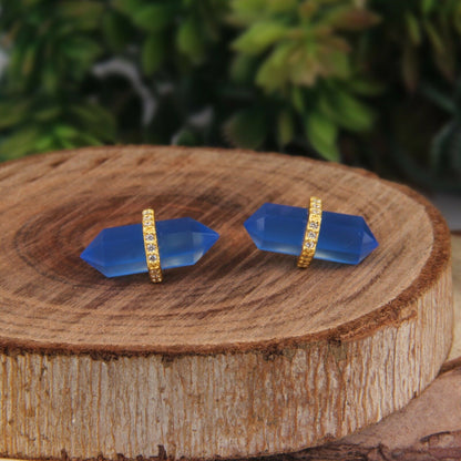 Blue Chalcedony Pencil-Cut Gemstone Stud Earrings