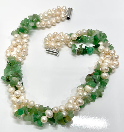 Green Amazonite Gemstones and Freshwater Pearls Triple-Strand Statement Necklace 19"