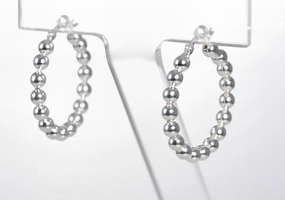 Sterling Silver Beaded Hoop Earrings 1.37”