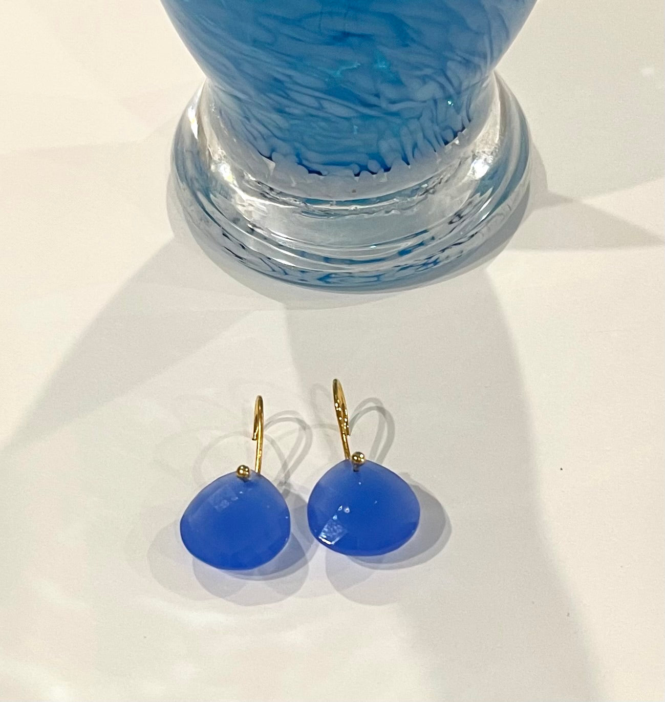 Briolette-Cut Sky Blue Chalcedony Gemstone Earrings 1"