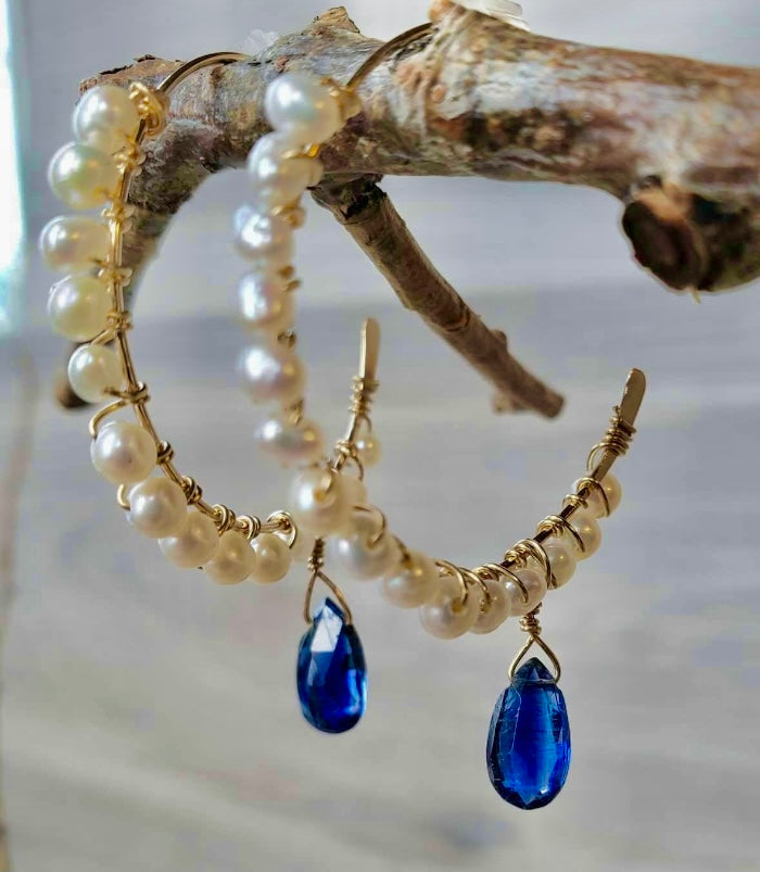 Elegant Gold Filled Freshwater Pearls 26mm Hoops w/Kyanite Briolette Drop