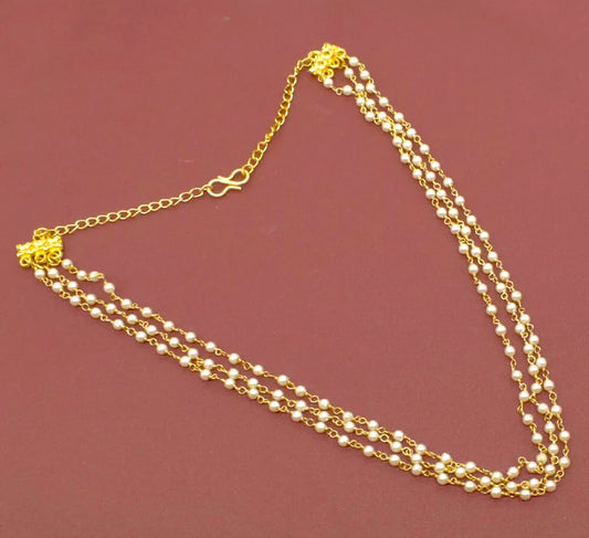 Dainty Triple-Strand Pearl Gemstone Chain Layering Necklace 18”
