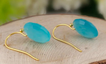 Aqua Blue Chalcedony Gold Dangle Earrings 1.5”