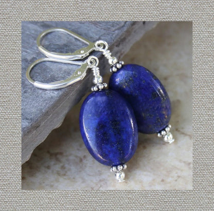 Blue Lapis Lazuli Gemstone Sterling Silver Dangle Earrings 2”