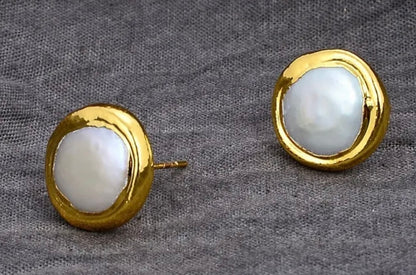 White Coin Pearl Gold Stud Earrings