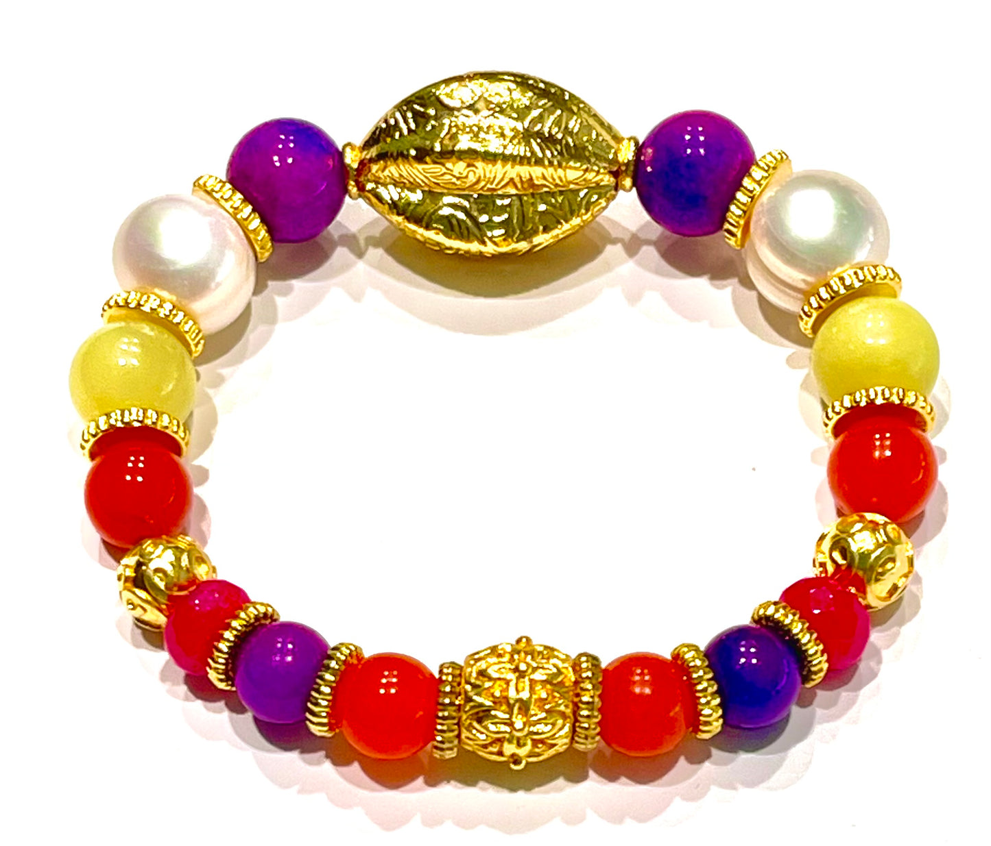 Colorful Mixed Gemstones Sugilite, Quartz and Pearls Gold Beaded Bracelet