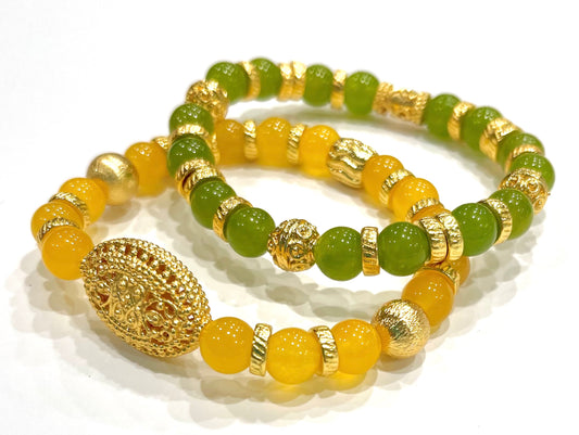 Green Jade and Yellow Onyx Gold Bracelet Stack