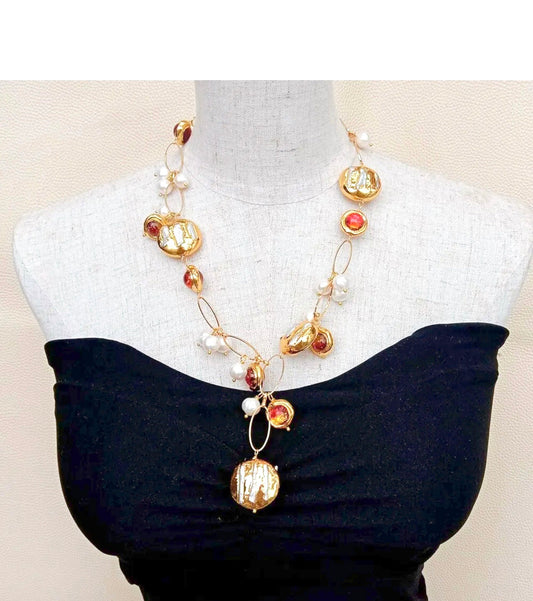 Orange Murano Baubles and Freshwater Pearls 22k Gold Chain Statement Necklace