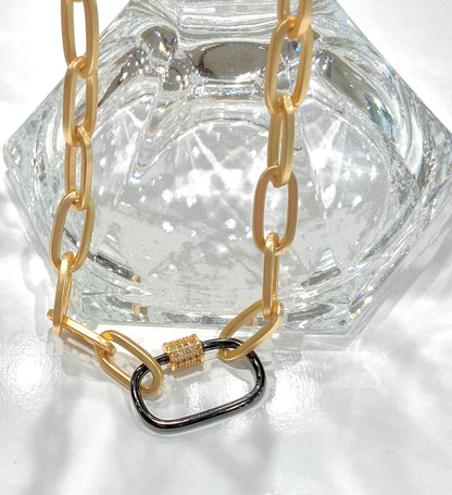 Ultra Chic Matte Gold Vermeil Chain 16” Necklace w/Gun Metal Pave Carabiner Clasp