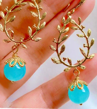Gold Vermeil Leaf Blue Chalcedony Earrings 3”