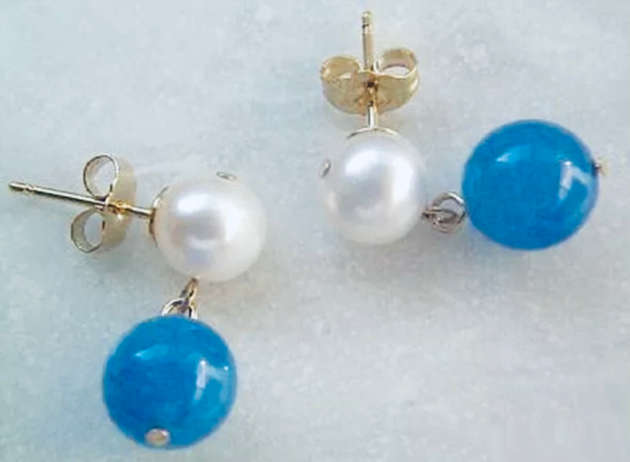 Genuine White Pearl  and Blue Jade Stud Dangle Earrings