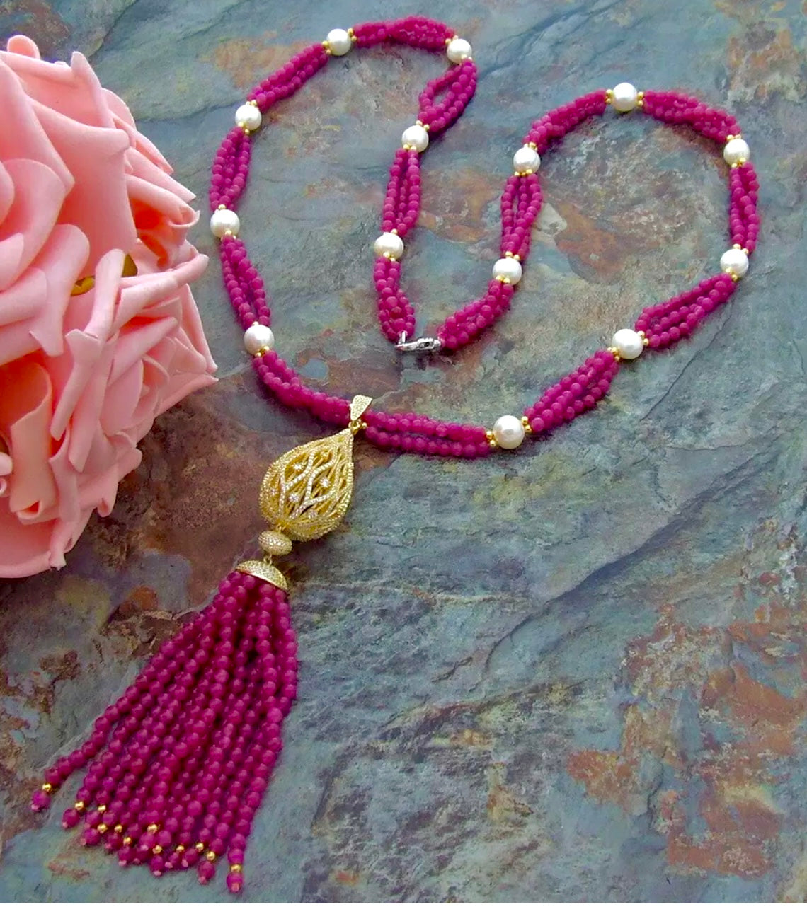 Bright Pink Jade and Pearl Gold Pendant Necklace 34”