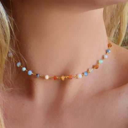 Dainty Peruvian Multi-Colored Opal Gemstone Gold Chain Necklace