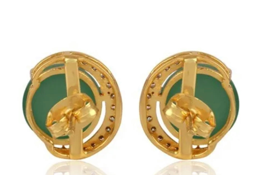 Crescent Moon Green Onyx Gold and Rhodium Stud Earrings