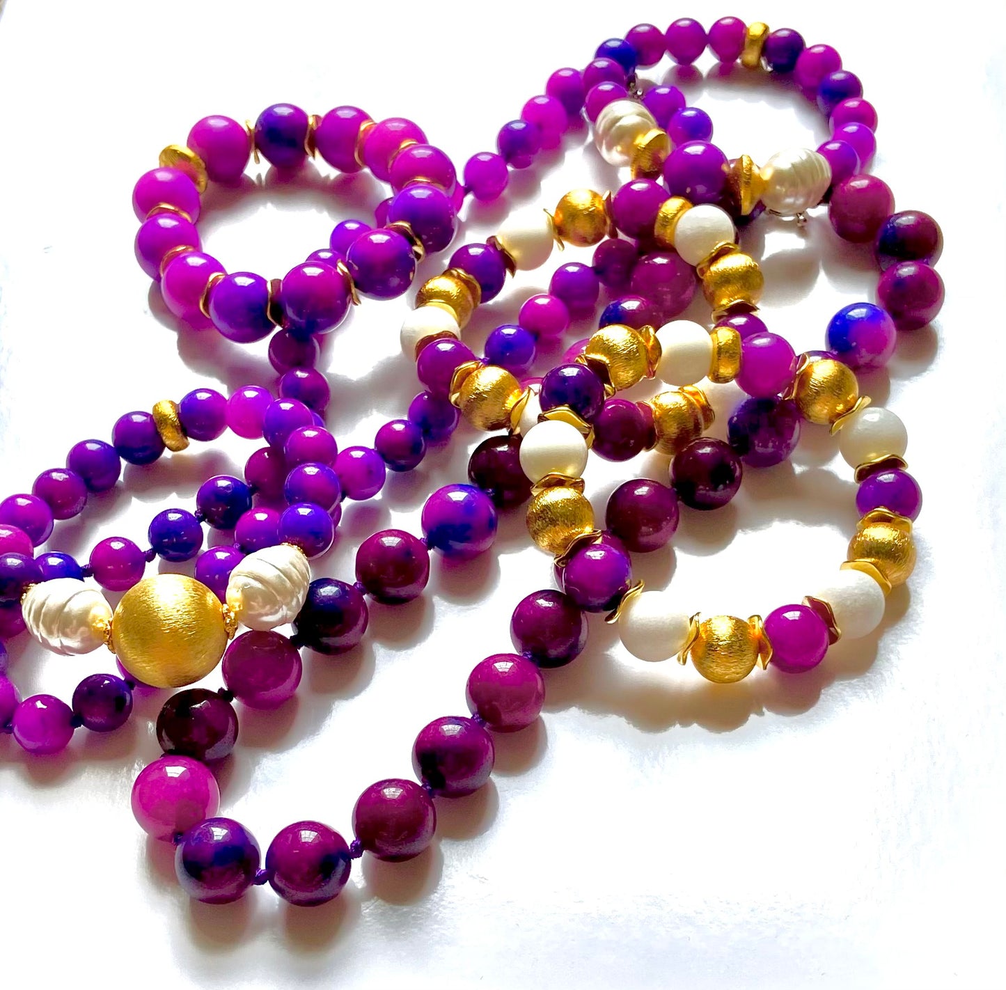 Royal Purple Sugilite & Alabaster Gemstone & Brushed Gold Vermeil Bracelet