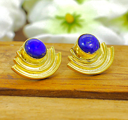 Stylish Lapis Lazuli Gemstone Gold Stud Earrings 1.0"