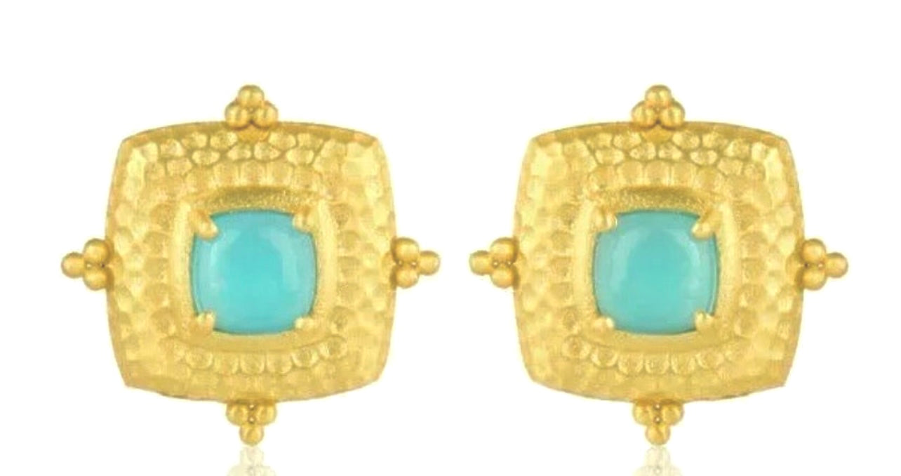 Aqua Chalcedony Gemstone 24k Gold Hammered Jewelry Set
