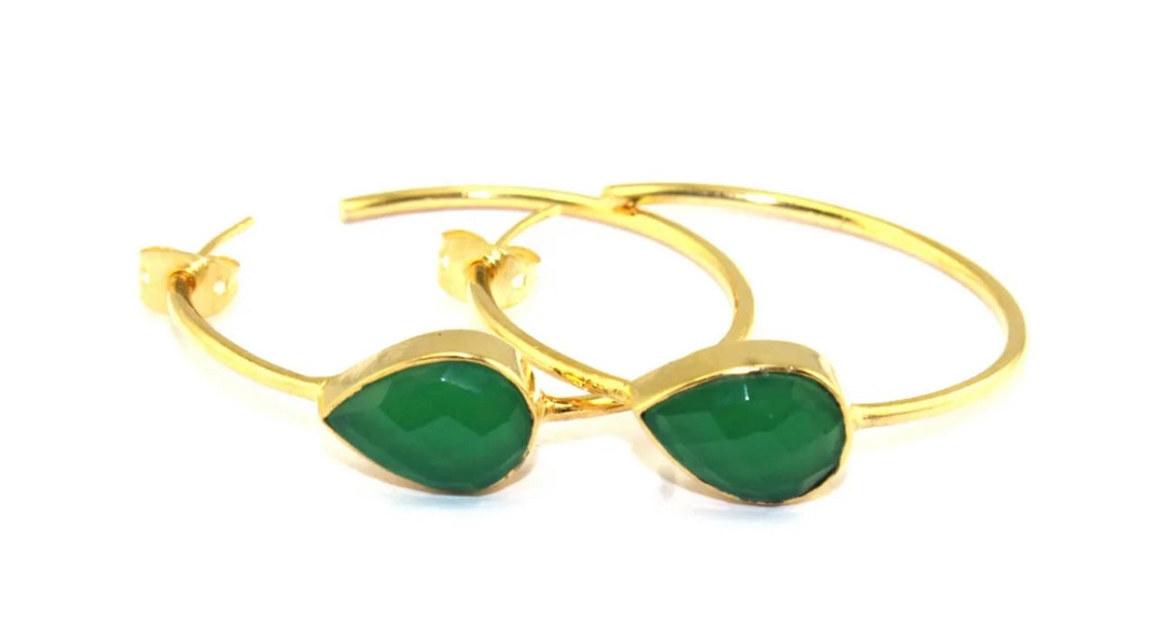 Pear-Shaped Green Onyx Gemstone Hoop Earrings 2.25”