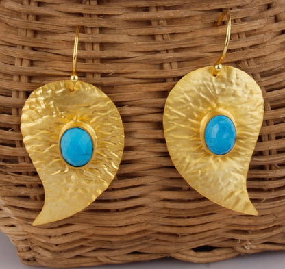 Turquoise 22k Gold Leaf Dangle Earrings 1.5"