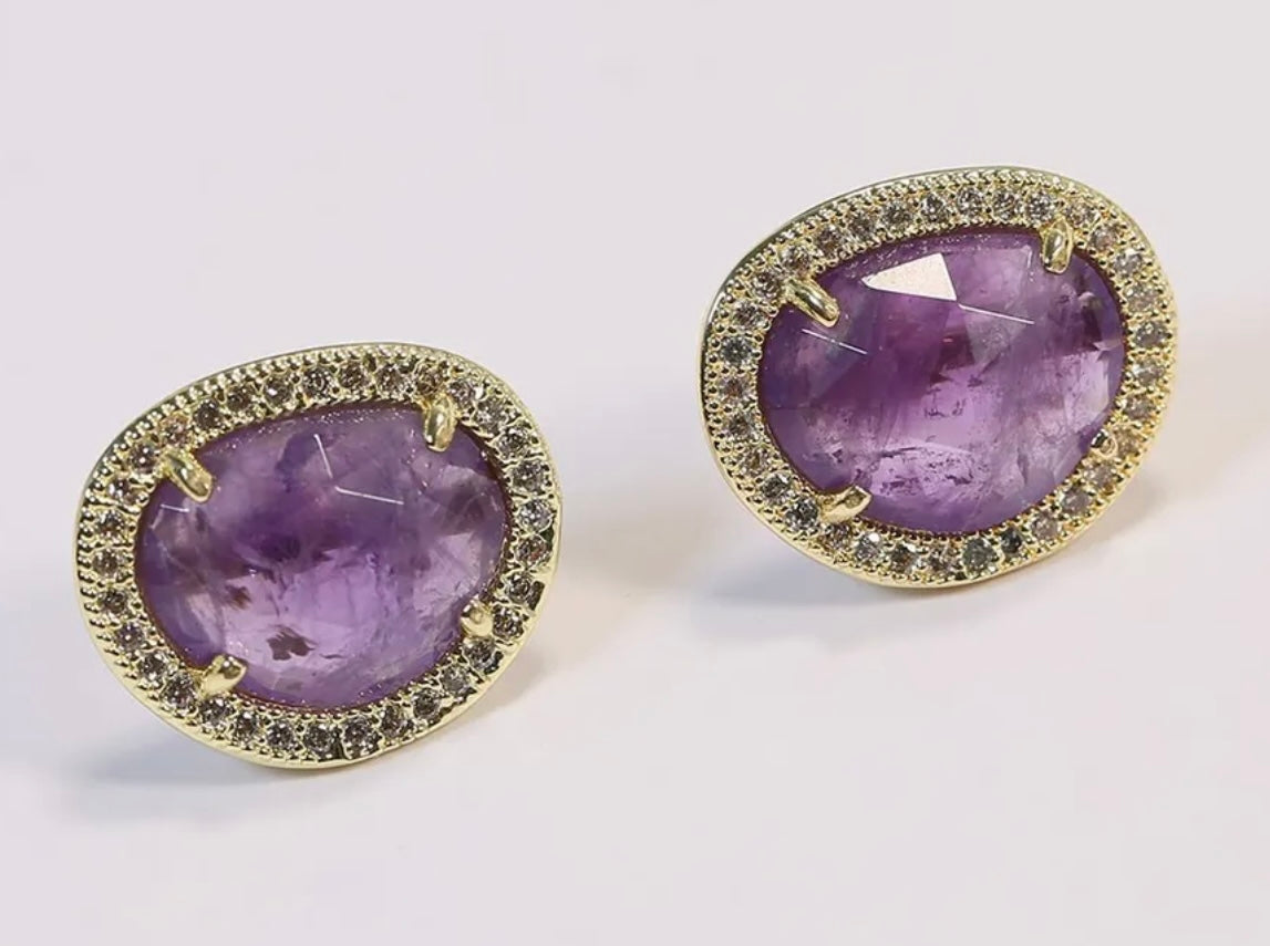 Elegant Faceted Purple Amethyst Bezel Set Pave Stud Earrings
