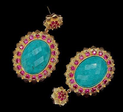 Blue Turquoise Gemstone and Pink Pave Bezel Set Statement Earrings 2"