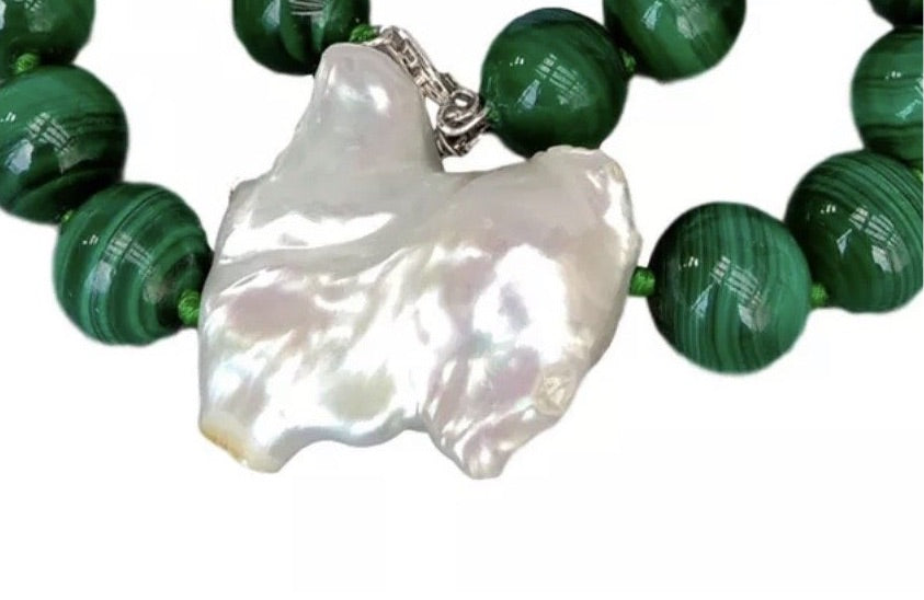 Striking Green Malachite Gemstone Statement Necklace with Huge Baroque Pearl Pendant