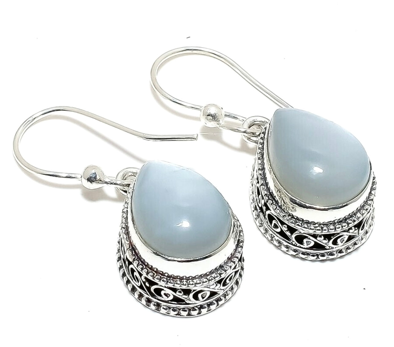 Sterling Silver Tear-Shaped Milky Opal Gemstone Dangle Earrings 1.5”