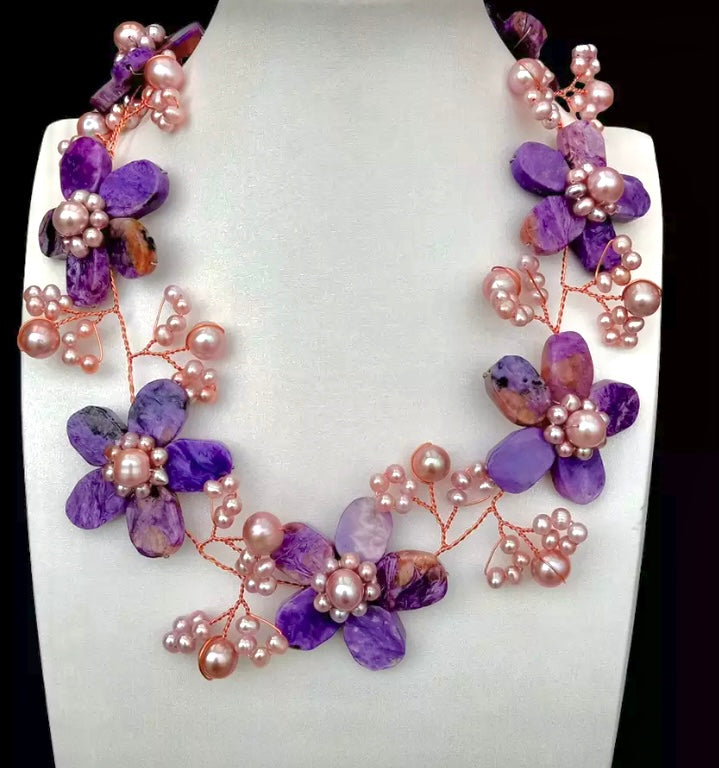 Captivating Purple Charoite Gemstone & Pearl Statement Necklace