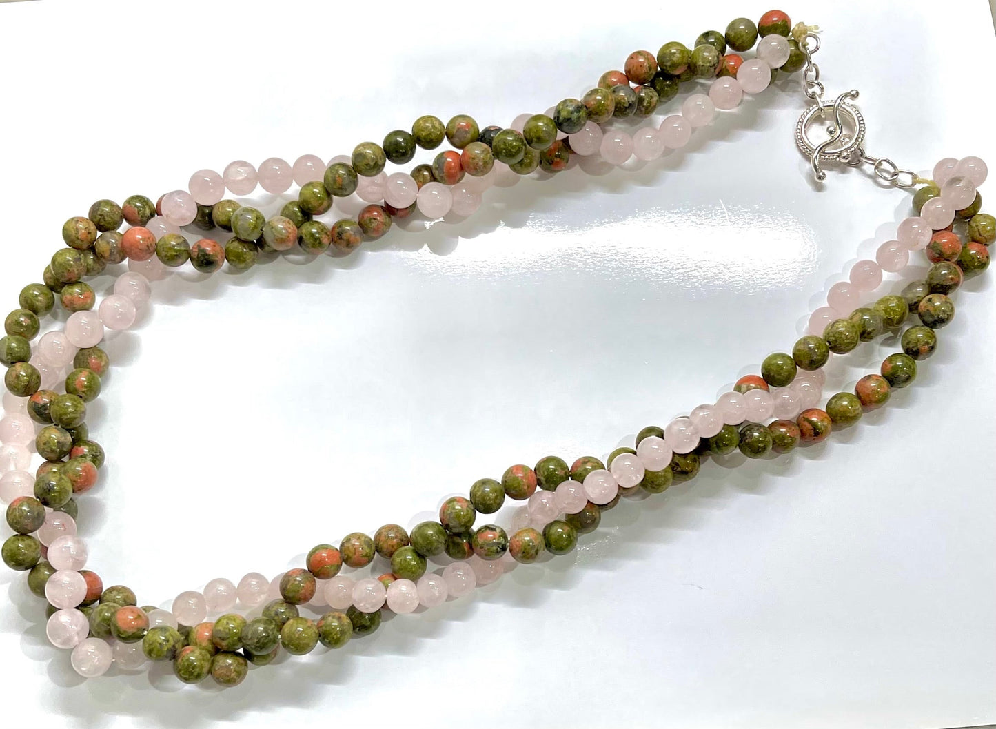 Natural Rose Quartz and Unakite Gemstone Triple-Strand Statement Necklace 24"