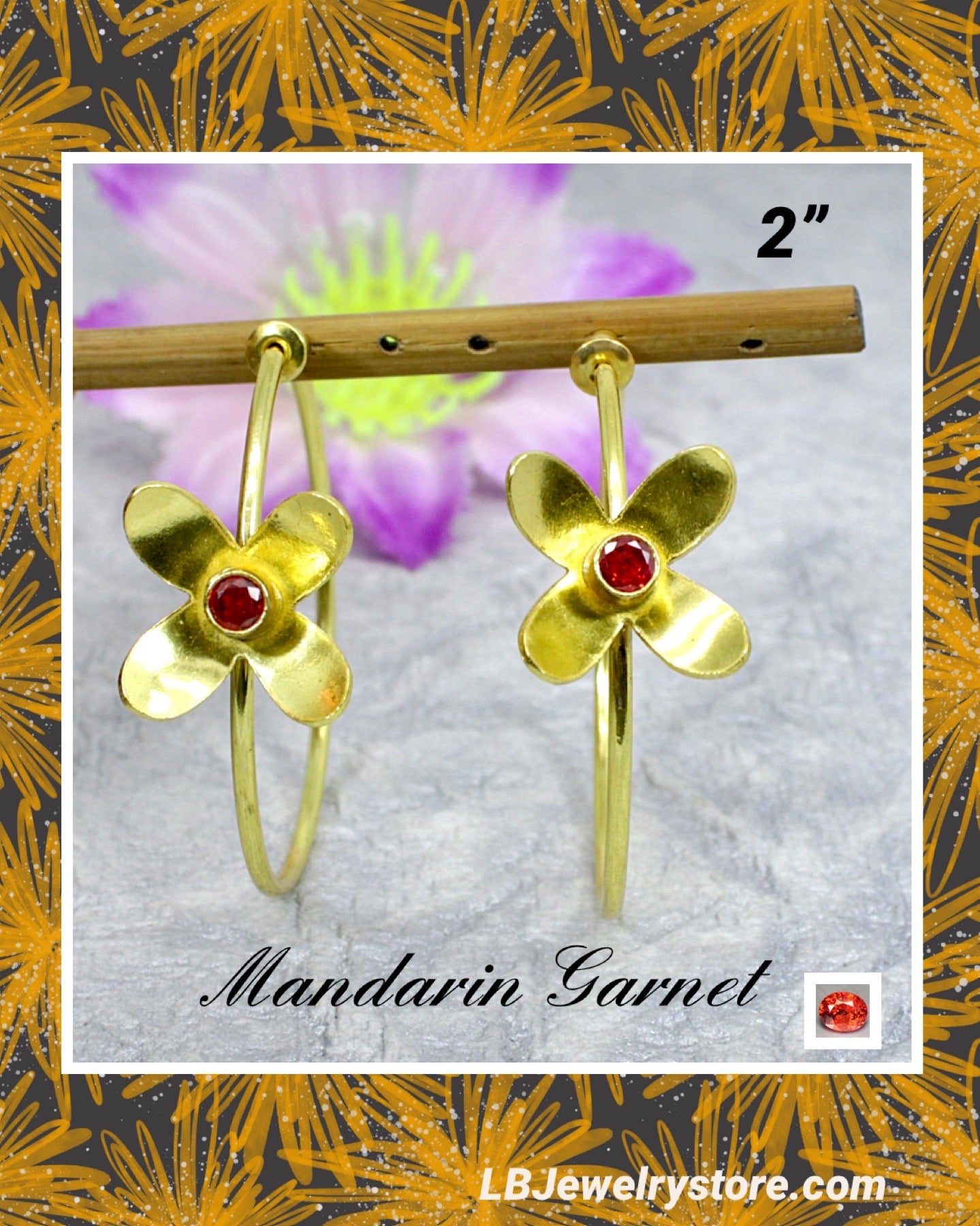 Mandarin Garnet Gemstone Flower Gold-Filled Hoop Earrings 2”