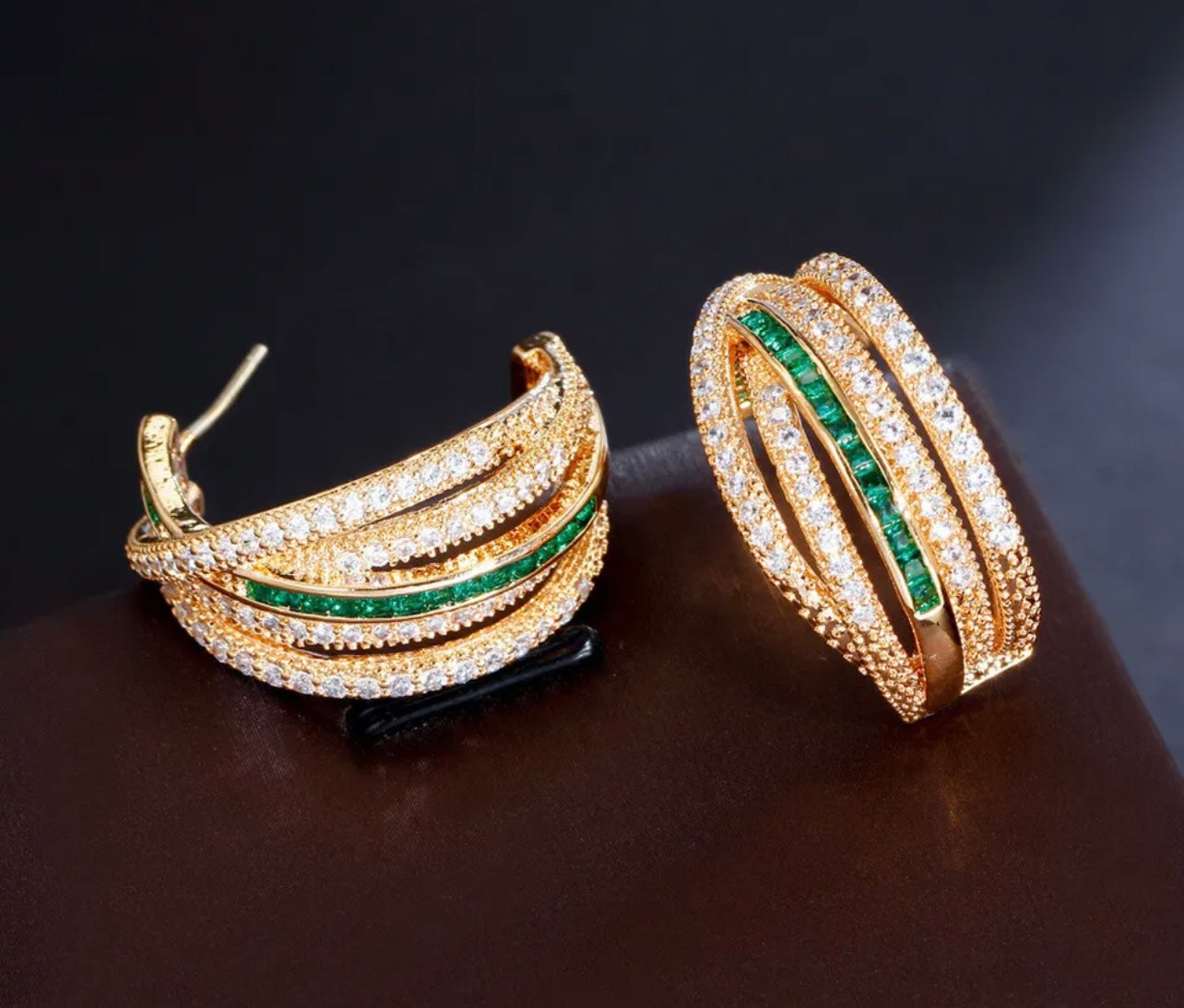 Dazzling Twisted Green & White Zirconia Pave Open Hoops 1.02”