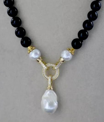 Rare Keshi Pearl Drop and Black Onyx Gemstone Double-Knotted Statement Necklace 18"