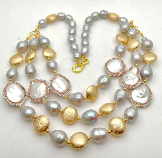 Three Strand 18k Brushed Gold Vermeil and Pearl Statement Necklace 20 - 23