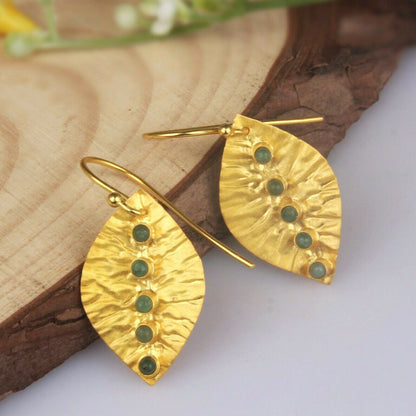 Petite 24k Gold Leaf Emerald Gemstone Earrings 1.0"