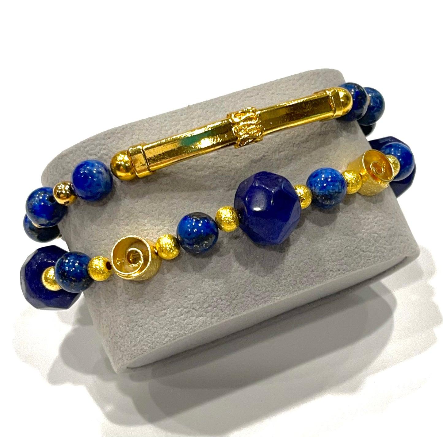 Lapis Lazuli and Sapphire Gemstone Gold Bracelet Stack
