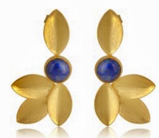Lapis Lazuli Gemstone Leaf Design 22k Brushed Gold Vermeil Statement Earrings 2