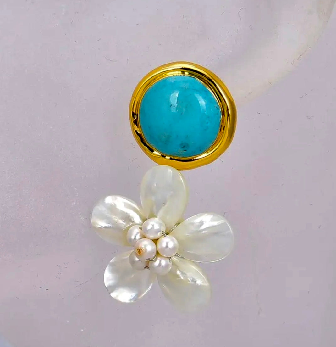 Turquoise and Pearl Flower Statement Earrings 2.2”