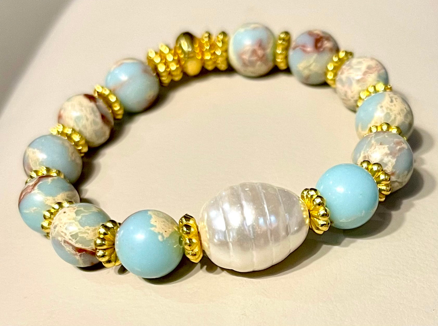 Aqua Terra "Impression" Jasper and Pearl Gold Beaded Bracelet
